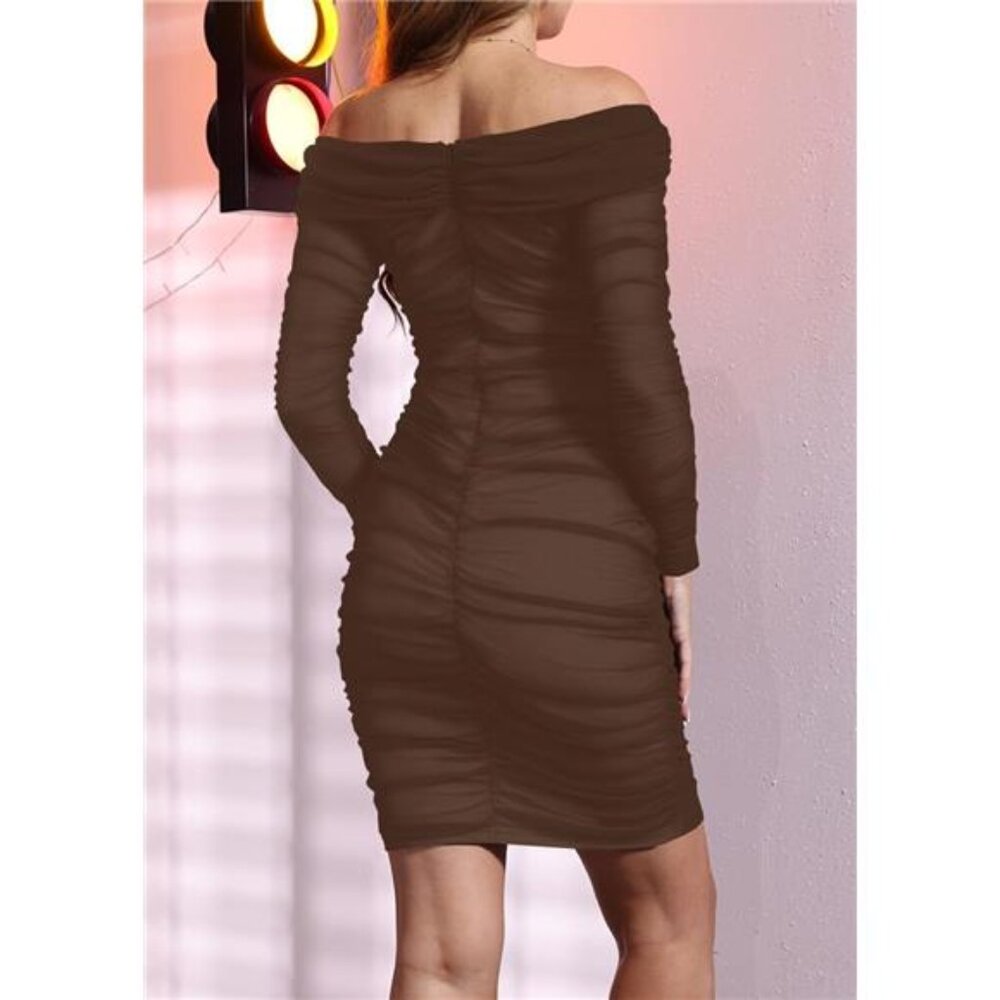 Mesh Sleeve Ruched Dress Sexy Off Shoulder Brown - Picture 4 of 6